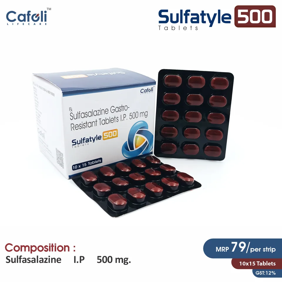 Sulfasalazine (500mg) Tablet at the best price in PCD Pharma Franchise for Anti-inflammatory, Inflammatory Bowel Disease Treatment.